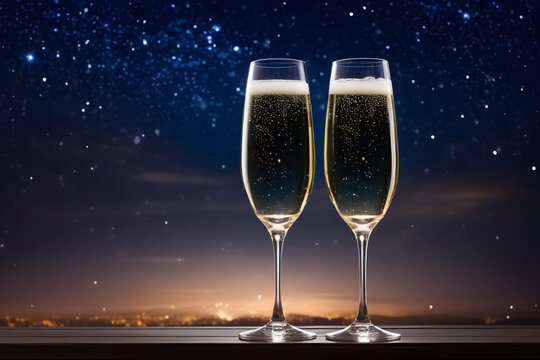 Two Champagne glasses, against the night sky. Generative AI