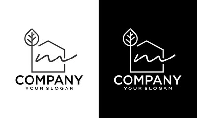 Creative Linear M with Alphabet letter logo M with a house or home. Real estate line art