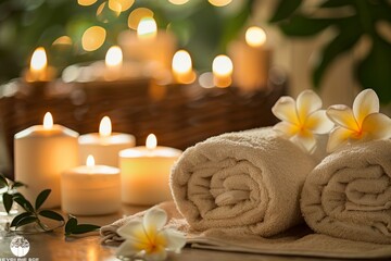 Spa wellness setting with rolled towels, fragrant frangipani flowers, and lit candles providing a tranquil and relaxing environment.