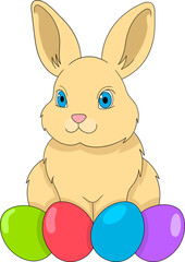 Cartoon doodle illustration of Easter celebration, rabbit with colorful eggs, Catholic Christian celebration