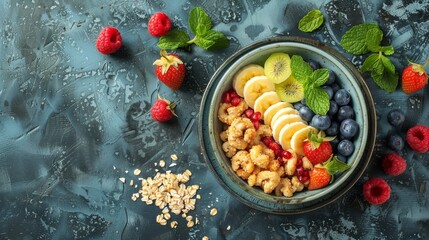 Nutritious breakfast bowl filled with fresh fruits, granola, and pomegranate seeds, ideal for a healthy start to the day. - Powered by Adobe