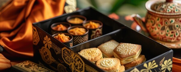 Close up of traditional chinese dessert in box on the table