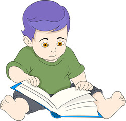 educational cartoon doodle illustration, child is sitting learning to read a story book