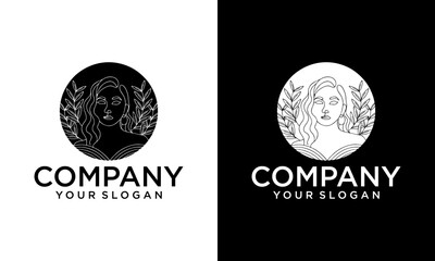 Creative circle linear woman face with leaves. Continuous line drawing