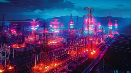 Obraz premium Neon-lit power grid station at night showcasing a futuristic energy distribution complex.