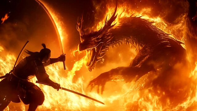 swordsman who dares to face a giant dragon in a fierce battle on a burning field. Seamless looping 4k time-lapse virtual video animation background