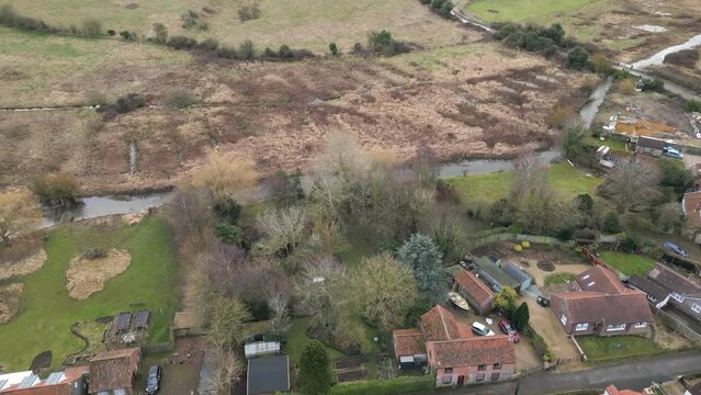Drone Shot of River Nar and Houses at Castle Acre Priory, Norfolk, England