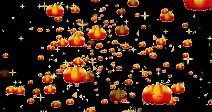 
4K growing falling pumpkin BG with particle animation in an alpha channel. Falling pumpkin on a black background for Halloween, Thanksgiving, Party, Cartoon, and Horror. Halloween pumpkin particle.