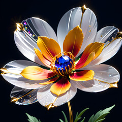 Generate AI prompt: Create a 4K+ graphic of a cosmos flower in crystal glass, gemstones, gold, emphasizing its surreal beauty, intricate detailing, opulent elegance in cosmic space.(Generative AI) 