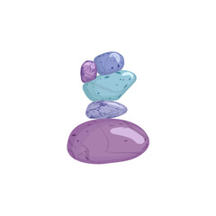 Stacked pebbles various colors, vector cartoon stone balance asymmetric pyramid, glossy minerals marble textures stack