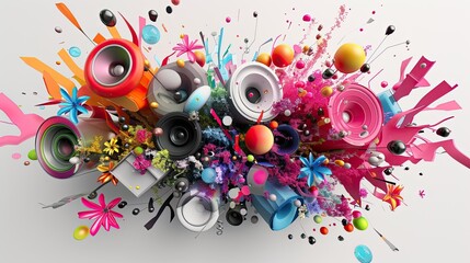 3d abstract explosion of speakers, shapes, rainbows, flowers, orbs on a white background