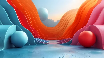 Photo sur Aluminium Rouge 2 Vibrant 3D Landscape with Colorful Waves, Glossy Spheres, and Mountain Silhouette in Digital Art