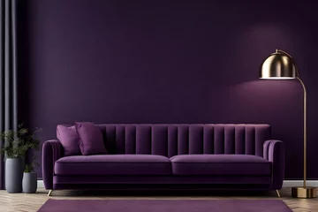 Deurstickers Dark living room with sofa and lamp. Deep dusty purple mauve color © saadulhaq