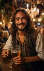 Portrait of man having beer while leaning against bar counter.