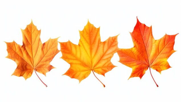 Three autumn yellow and orange maple leaves over white background