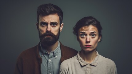 Obscured Faces of Adult Couple Displaying Disgust Emotion on Gradient Solid Studio Background