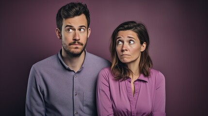 Studio Shot of a Couple Displaying Embarrassed Emotions on a Solid Color Background - Facial Expression