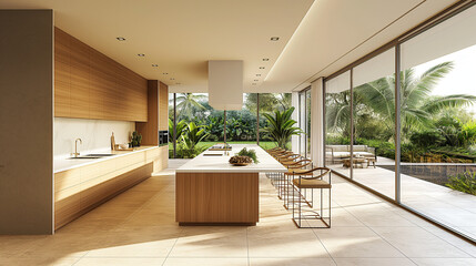 Fototapeta premium kitchen is a blend of modern design and natural tranquility, featuring a spacious kitchen island, top-notch appliances, and an open kitchen layout with tropical views