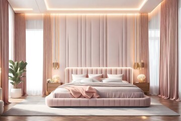luxurious modern bedroom interior of an expensive spacious light stylish apartment with soft pastel colors