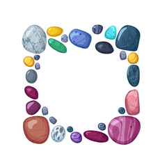 Frame from stacked colorful pebbles, glossy natural minerals marble textures or jewel gems board vector illustration