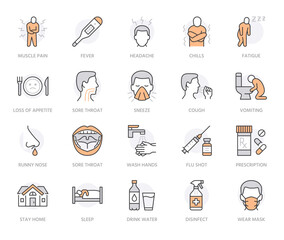 Flu disease prevention, cold symptoms flat line icons set. Fever headache sneeze, sore throat vector illustrations. Outline signs medical healthcare infographic. Orange color, Editable Strokes - 739725838
