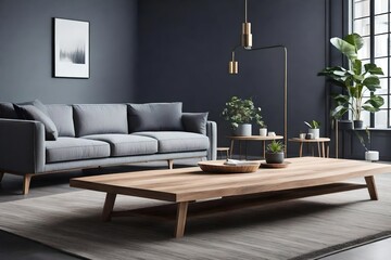 Wooden coffee table in the middle of grey living room with couch