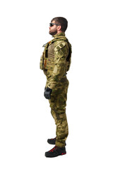 Full length portrait of man soldier wearing ammunition on white background