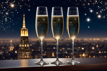 Three Champagne glasses, against the night sky. Generative AI