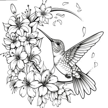 recommend clip art: Black and white Hummingbird and flowers tattoo design
