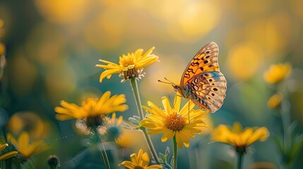 Fototapeta na wymiar Butterflies on flowers. Generative AI