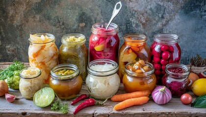 pickled vegetables in a glass wallpaper vibrant collection of assorted fermented foods displayed in clear glass jars, featuring a colorful array of textures and hues from vegetables and fruits, symbol - obrazy, fototapety, plakaty