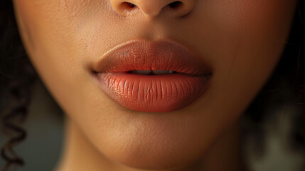 Naklejka premium Woman's beautiful smile featuring close-up view of lips, showcasing dental health, makeup, and radiant skin