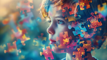 Autism kids with puzzle-piece mindscapes reflecting creativity and diversity - obrazy, fototapety, plakaty