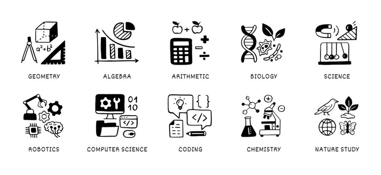 Natural sciences doodle icon set. School subjects - geometry, math, biology, chemistry, computer education line hand drawn illustration
