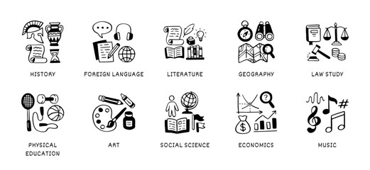 Humanitarian sciences doodle icon set. School subjects - history, language, literature, geography, physical education line hand drawn illustrations
