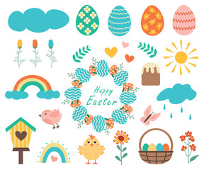 Easter elements set. Cute birds, Easter eggs, chickens, a wreath of Easter eggs and the inscription Happy Easter, spring flowers.