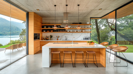 kitchen's sleek design with a stunning lakefront view offers a luxurious culinary experience in a minimalist kitchen setting, surrounded by a peaceful natural landscape - obrazy, fototapety, plakaty