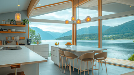 A serene kitchen retreat with a sweeping lake view, this kitchen blends functionality with style; featuring a marble-topped island in a sunlit kitchen space, framed by nature's panorama - obrazy, fototapety, plakaty