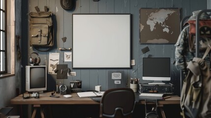 Mockup frame on boy's study desk in military style room interior, 3D rendering. Generative Ai