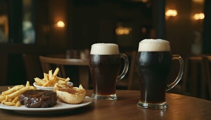 Glass of dark beer in  pub  with delicious food - obrazy, fototapety, plakaty