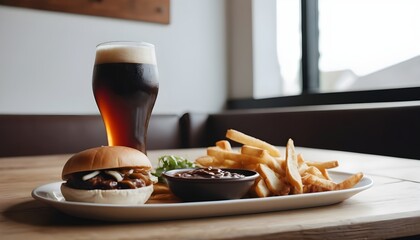 Glass of dark beer in  pub  with delicious food - obrazy, fototapety, plakaty