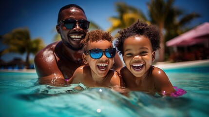 A family on vacation with children relaxing in the pool. Active recreation. Happy travels....