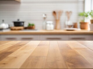 Empty wooden table and blurred modern kitchen background