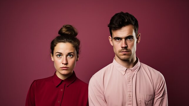 Couple Against Minimalistic Color Backdrop With Serious Look Into Camera