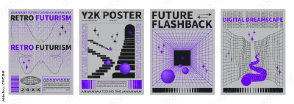 Poster poster design template in trendy y2k style with grid perspective pattern and objects. vector set of 