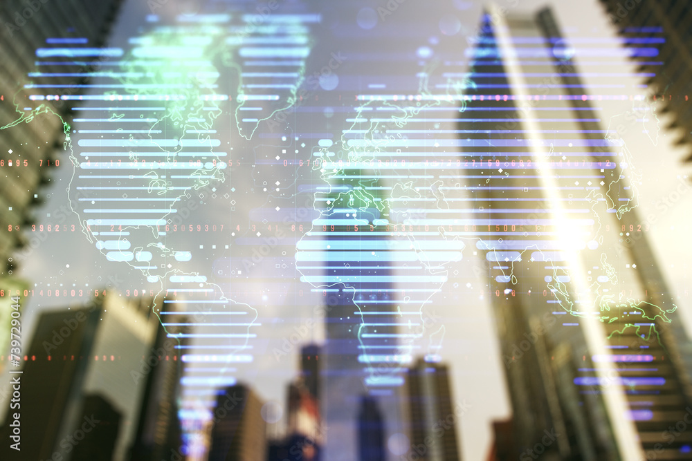 Poster double exposure of abstract digital world map hologram on blurry cityscape background, big data and 