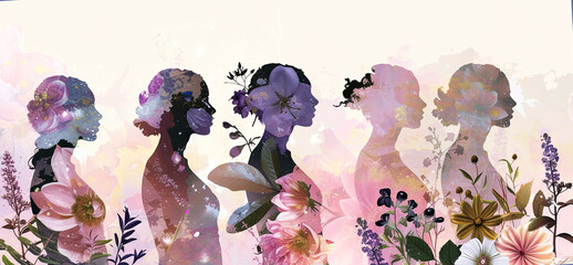 International Womens Day banner. Women of different ethnicities stand.