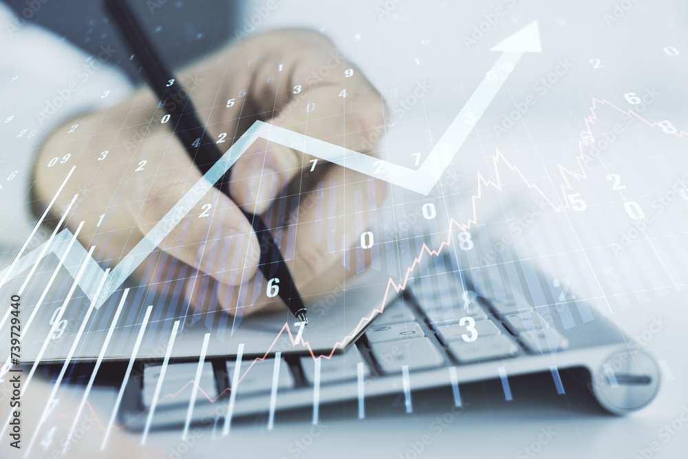 Poster multi exposure of abstract financial graph with upward arrow and hand writing in diary on background