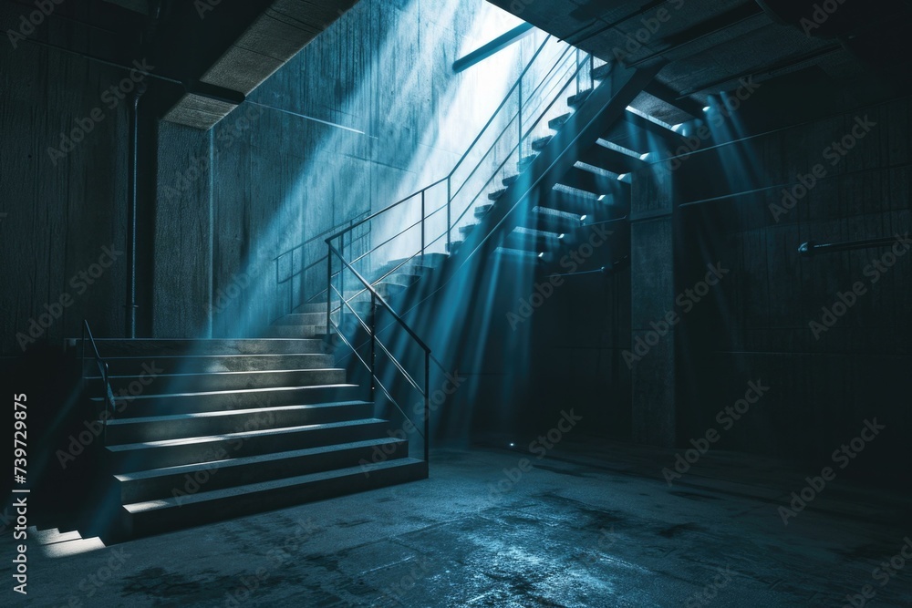 Poster an empty room with stairs and beams of light. generative ai.