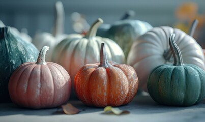 A group of pumpkins are sitting on a table. Generative AI.